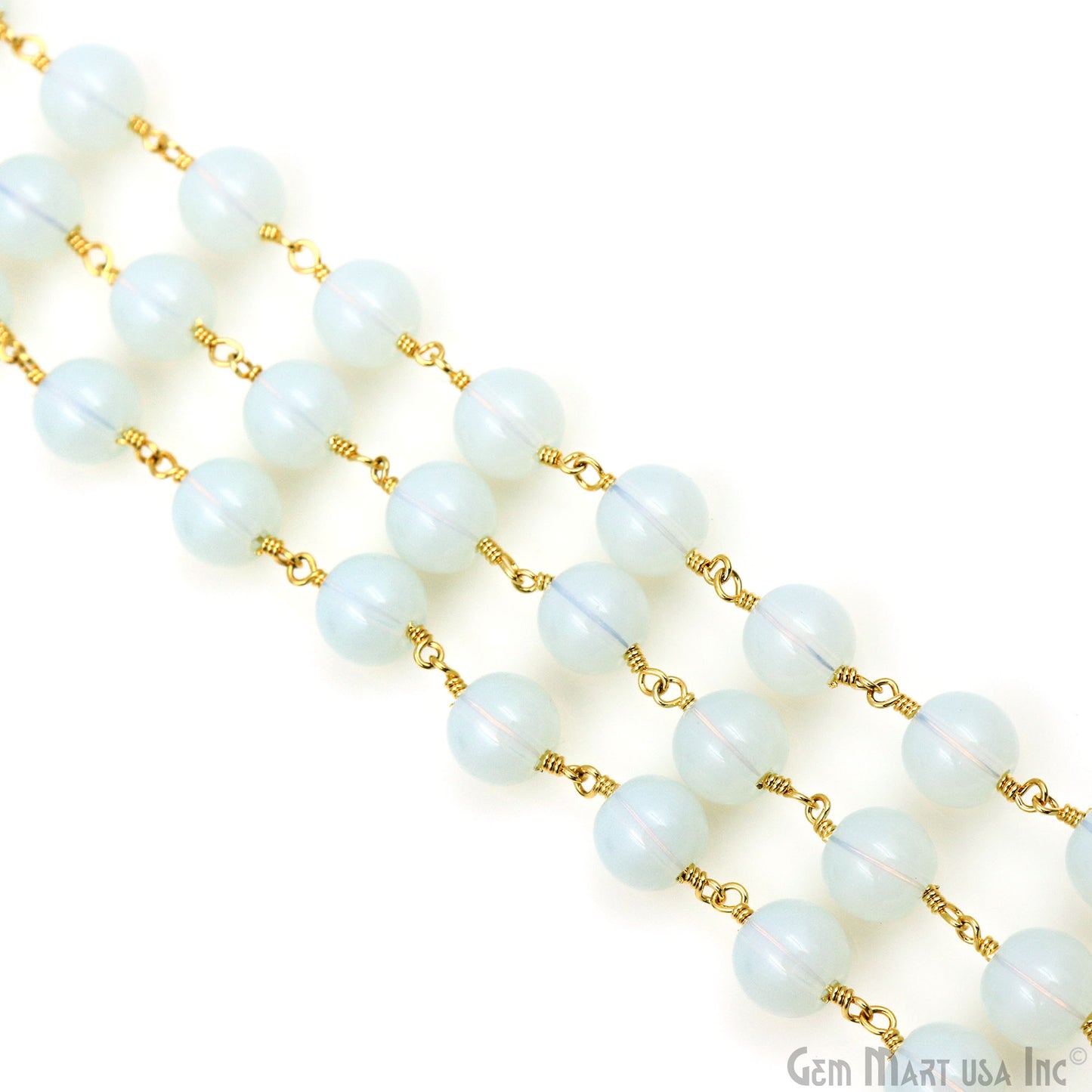 White Opal Smooth Beads 8mm Gold Plated Wire Wrapped Rosary Chain