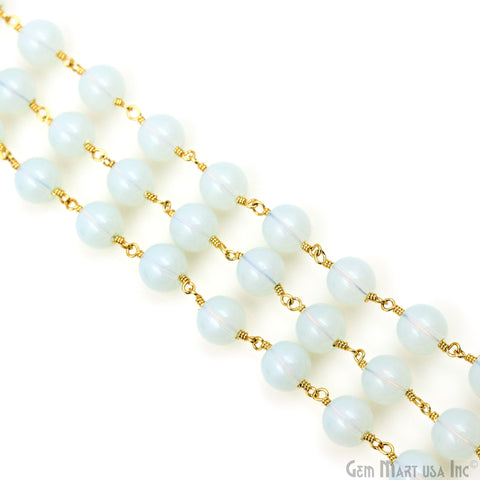 White Opal Smooth Beads 8mm Gold Plated Wire Wrapped Rosary Chain