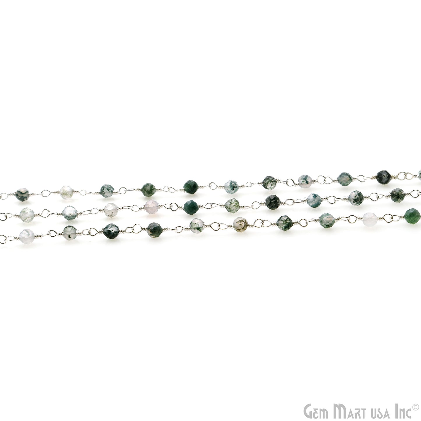 Moss Agate 3-3.5mm Silver Plated Beaded Wire Wrapped Rosary Chain