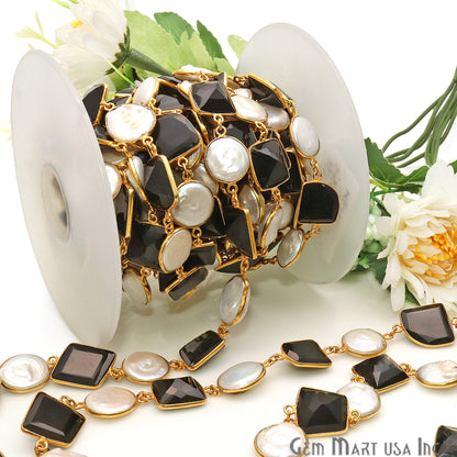 Black Onyx With Pearl Round 10-15mm Gold Bezel Continuous Connector Chain - GemMartUSA