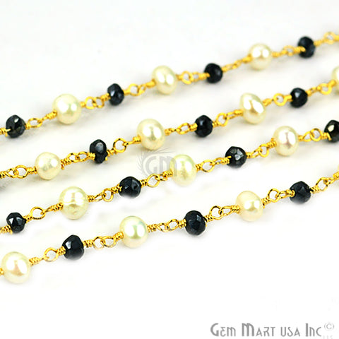 Black Spinel With Pearl 3-3.5mm Gold Plated Wire Wrapped Beads Rosary Chain
