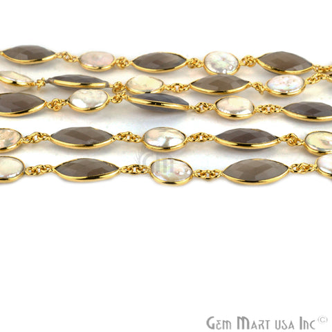 Gray Chalcedony with Pearl 10x20mm Gold Bezel Continuous Connector Chain - GemMartUSA (764271820847)