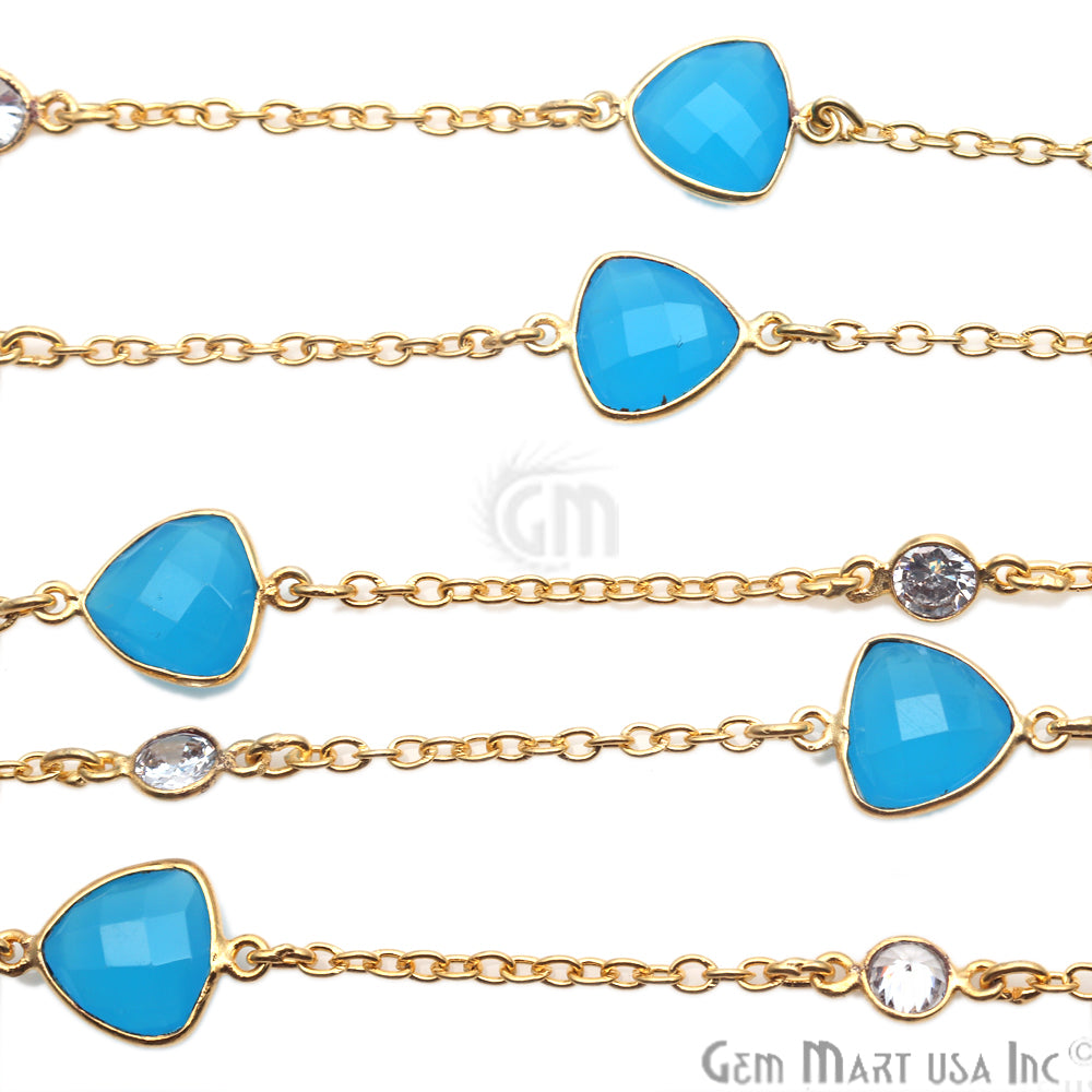 Sky Blue Chalcedony 10mm & Crystal 5mm Gold Plated Bezel Link Connector Chain - GemMartUSA