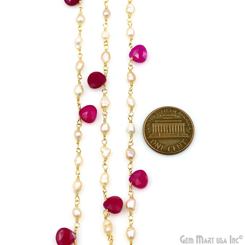 Pearl And Hot Pink Chalcedony Faceted Beads Gold Wire Wrapped Beads Rosary Chain