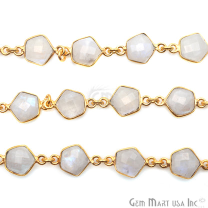 Rainbow Moonstone 8mm Pentagon Gold Bezel Continuous Connector Chain - GemMartUSA