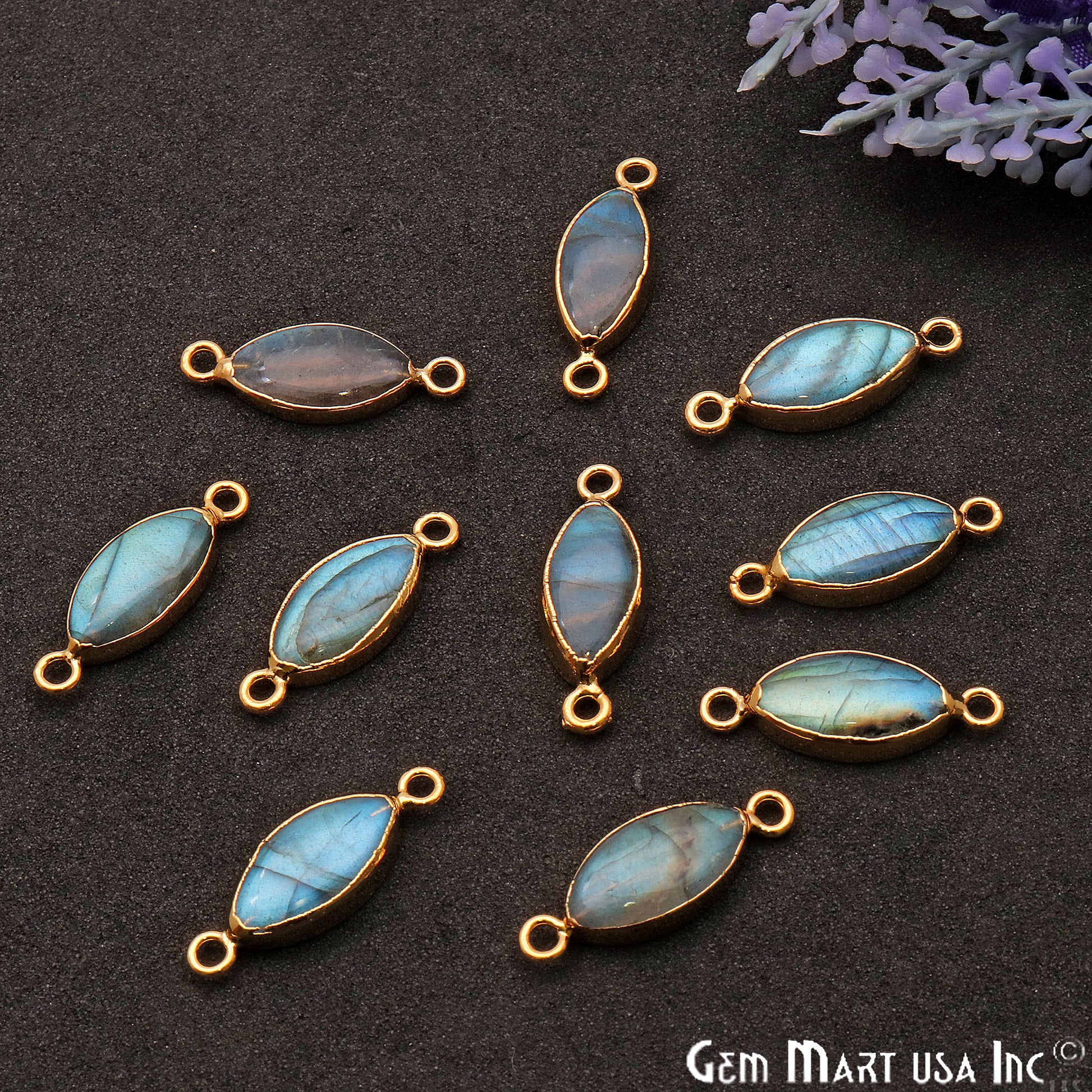 Flashy Labradorite Marquise Shape Gold Edge 22x8mm Double Bail Connector - GemMartUSA