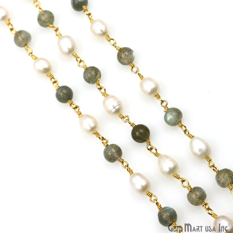 Labradorite Cabochon With Pearl Oval Gold Wire Wrapped Rosary Chain