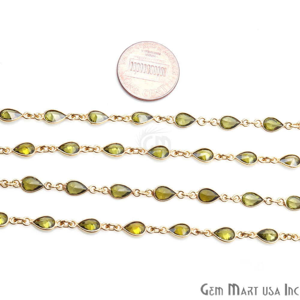 Olive Green 6x4mm Pear Shape Gold Plated Continuous Connector Chain - GemMartUSA