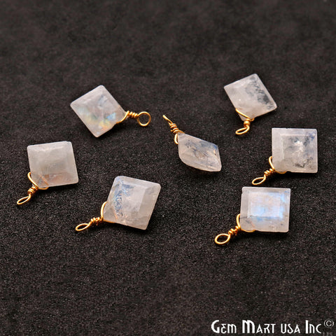 Rainbow Moonstone 8mm Square Single Bail Gold Wire Wrapped Gemstone Connector - GemMartUSA