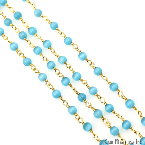 Blue Monalisa Cabochon 4mm Gold Wire Wrapped Rosary Chain