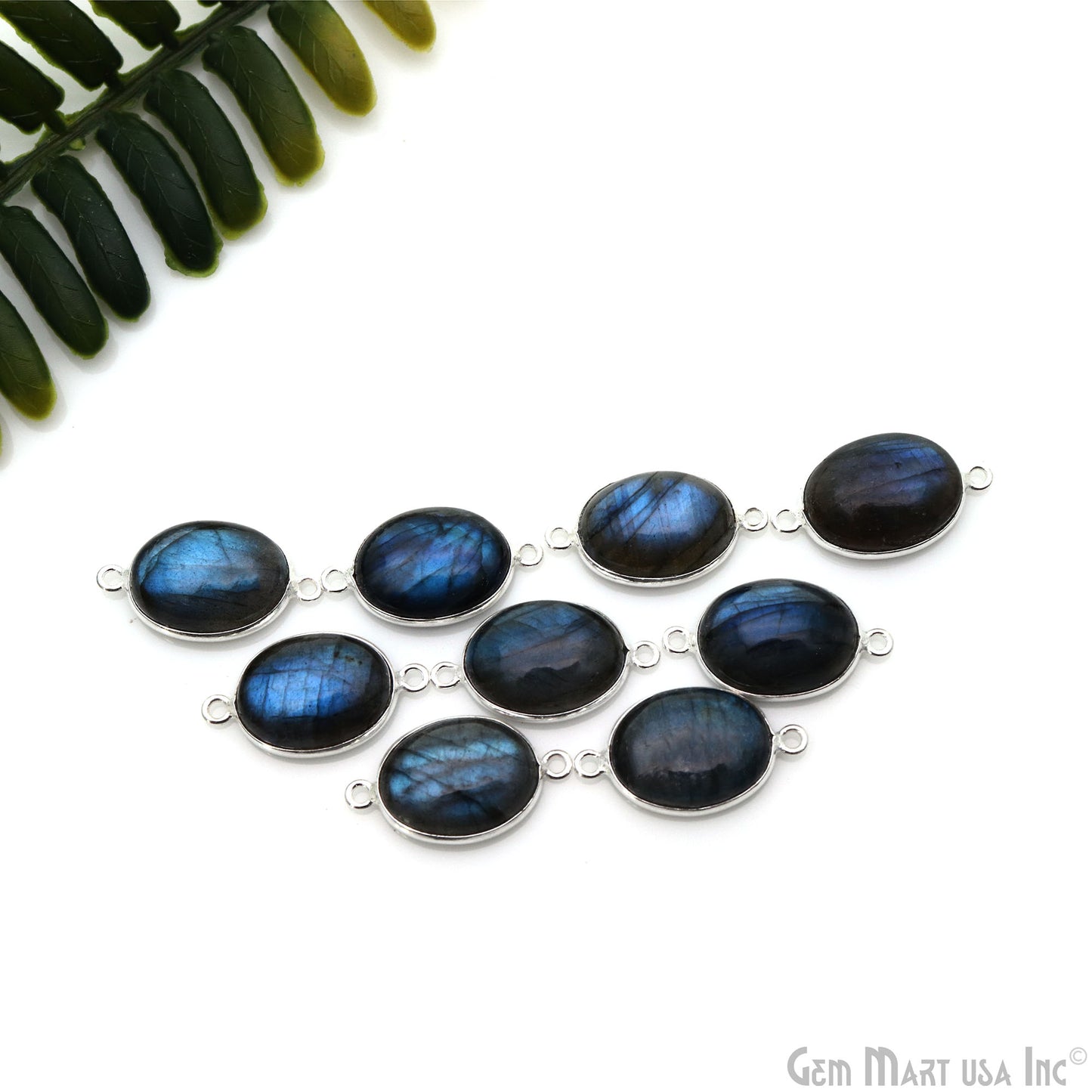 Flashy Labradorite Cabochon 12x16mm Oval Double Bail Silver Plated Gemstone Connector