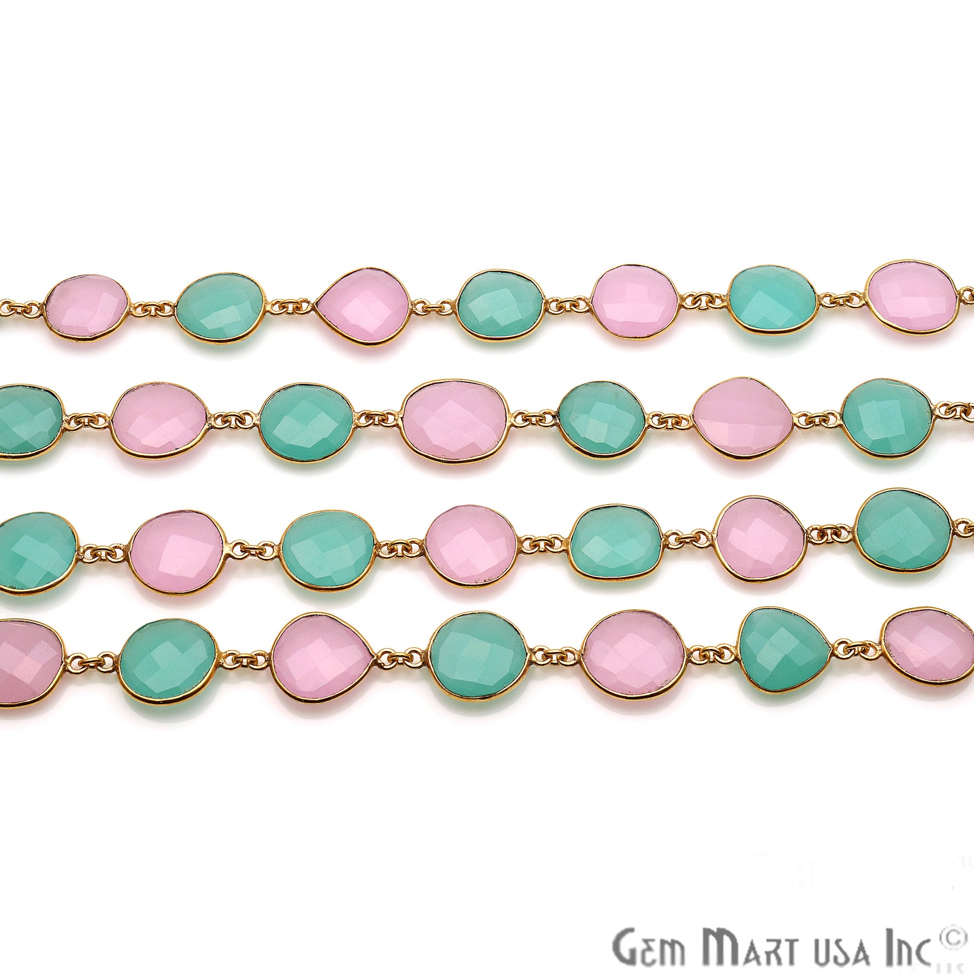 Rose With Aqua Chalcedony 10-15mm Free Form Gold Continuous Connector Chain - GemMartUSA