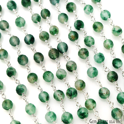 Emerald Jade Cabochon 6mm Beads Silver Wire Wrapped Rosary Chain