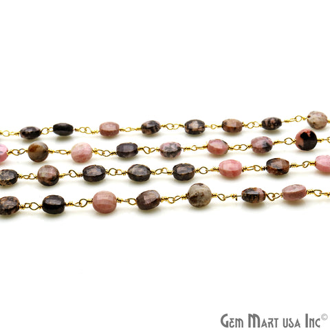 Rhodonite Coin Faceted 6mm Gold Wire Wrapped Rosary Chain - GemMartUSA