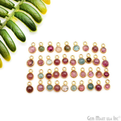 5PC Lot Multi Tourmaline Cabochon Round 4mm Gold Plated Single Bail Gemstone Connector