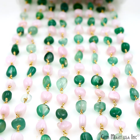 Shaded Green Onyx & Pink Opal 8x5mm Tumble Beads Gold Plated Rosary Chain