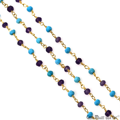 Amethyst & Turquoise 3-3.5mm Gold Plated Beaded Wire Wrapped Rosary Chain