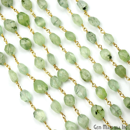 Green Rutile Faceted Beads 6x8mm Gold Wire Wrapped Rosary Chain