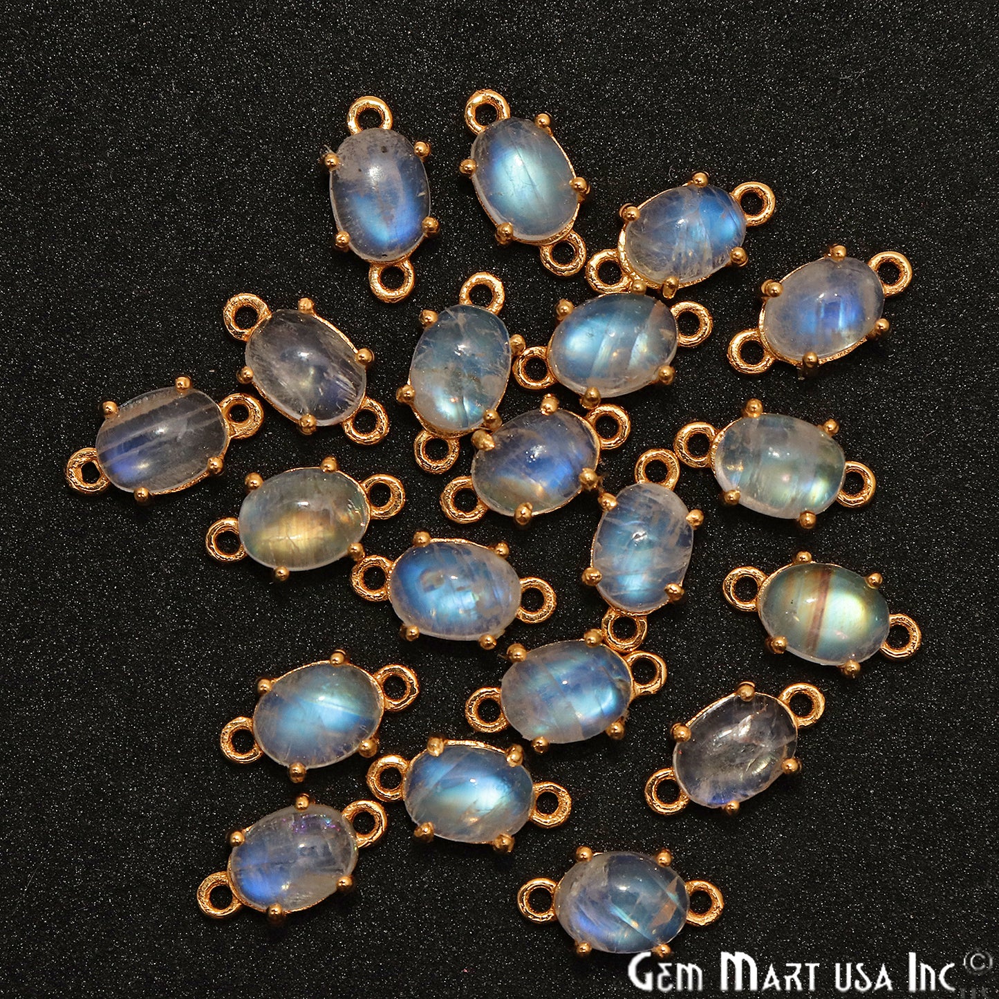 Rainbow Moonstone Cabochon 12x6mm Oval Prong Gold Plated Bail Connector - GemMartUSA