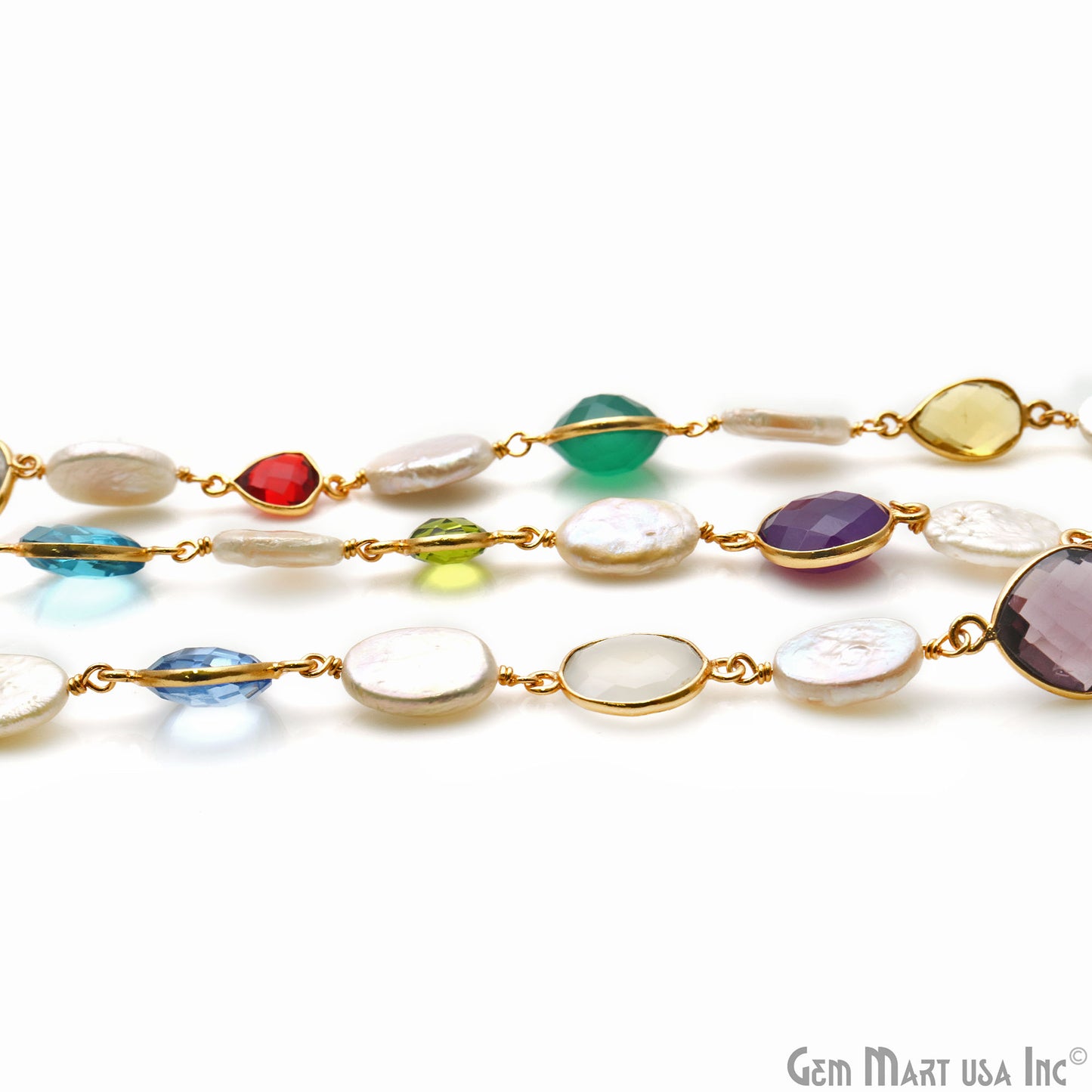 Multi-Color & Mix Shape Gemstone With Oval Pearl Beads 10-15mm Gold Plated Bezel Faceted Continuous Connector Chains