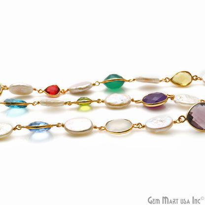 Multi-Color & Mix Shape Gemstone With Oval Pearl Beads 10-15mm Gold Plated Bezel Faceted Continuous Connector Chains