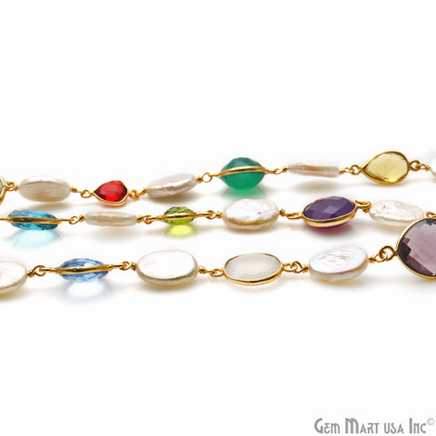 Multi-Color & Mix Shape Gemstone With Oval Pearl Beads 10-15mm Gold Bezel Faceted Continuous Connector Chains