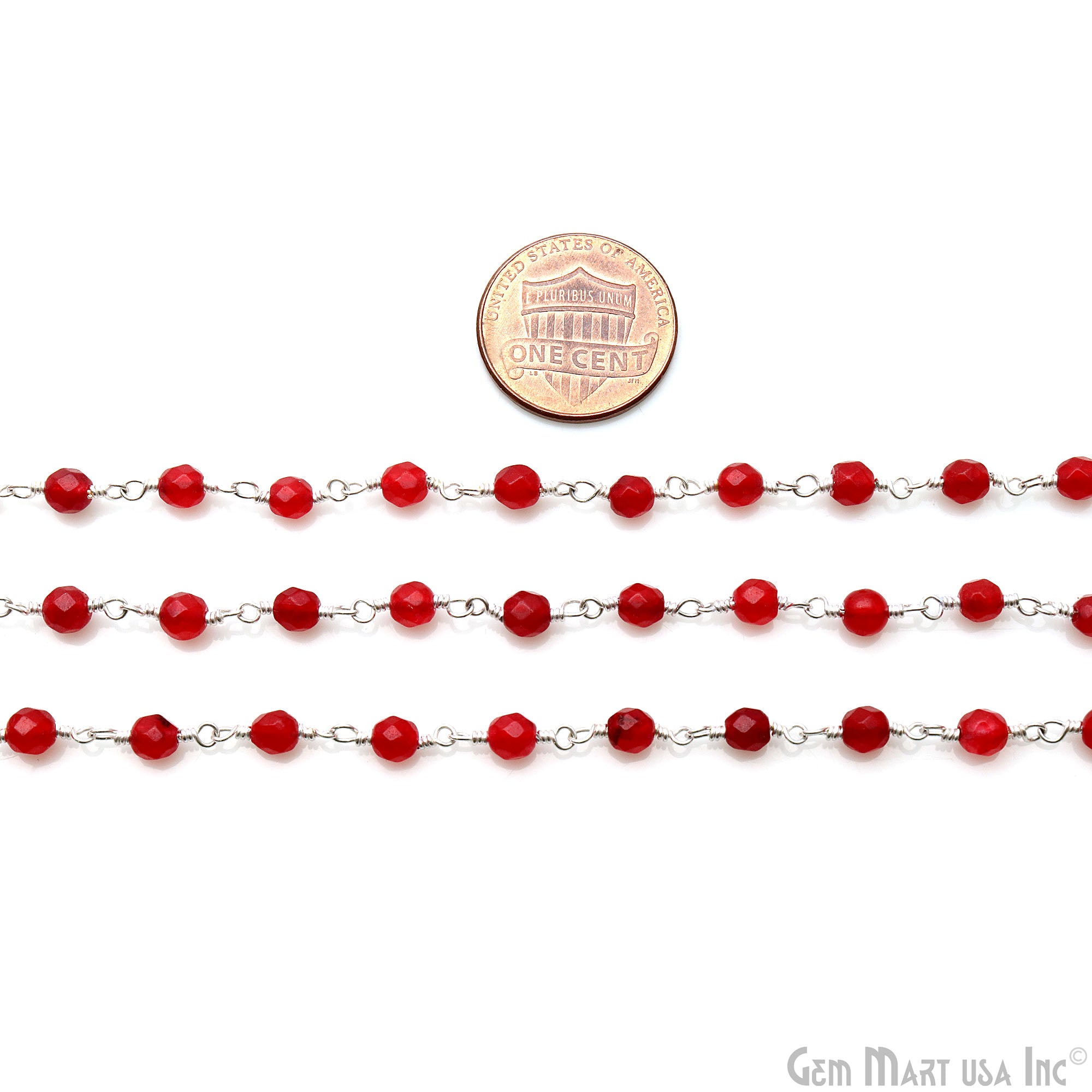 Red Jade Faceted Beads 4mm Silver Plated Wire Wrapped Rosary Chain