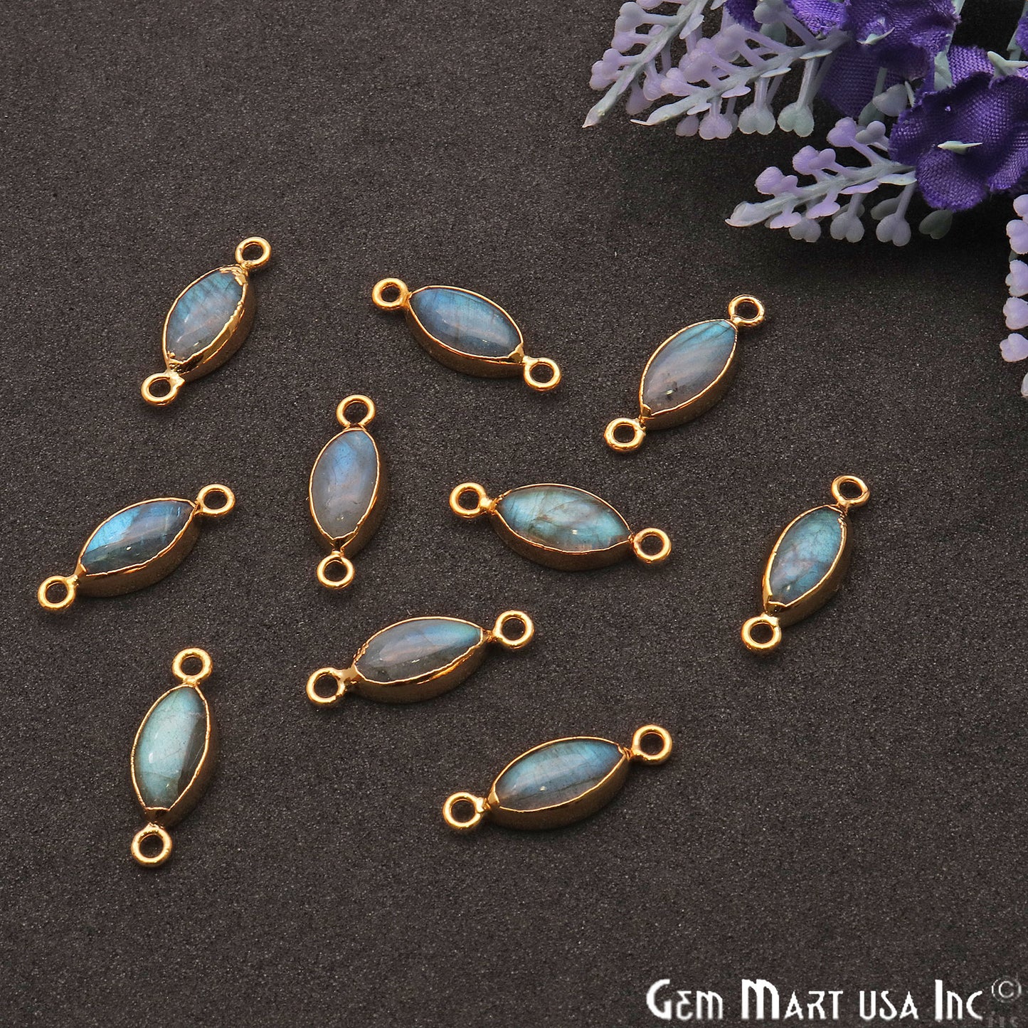 Flashy Labradorite Marquise Shape Gold Edge 20x7mm Double Bail Connector - GemMartUSA