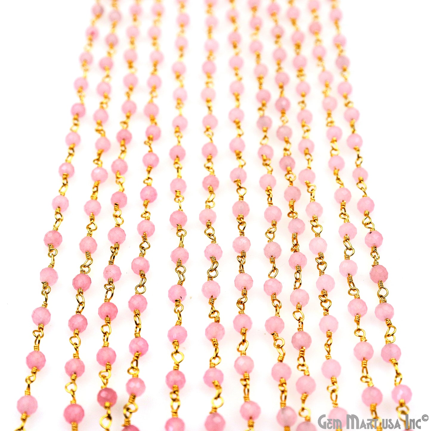 Rose Chalcedony 3-3.5mm Gold Plated Wire Wrapped Rosary Chain