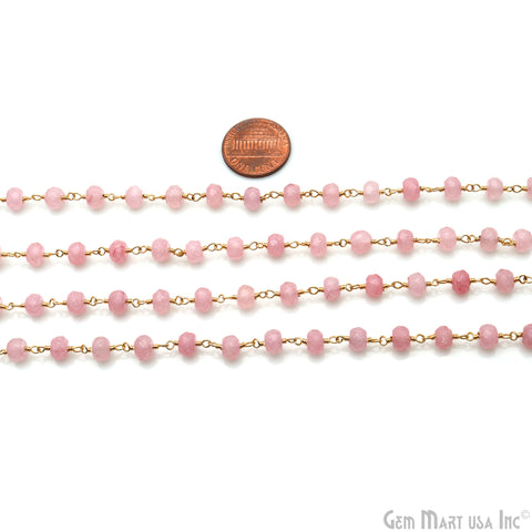 Baby Pink Jade Faceted 5-6mm Gold Wire Wrapped Beads Rosary Chain
