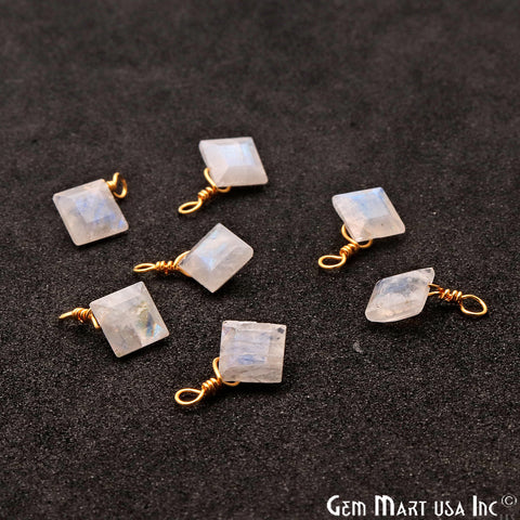 Rainbow Moonstone 6mm Square Single Bail Gold Wire Wrapped Gemstone Connector - GemMartUSA
