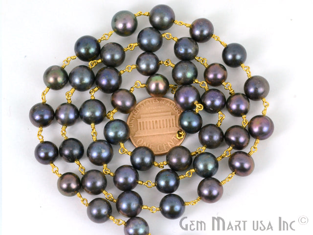 Black Pearl Gold Plated Wire Wrapped Gemstone Beads Rosary Chain - GemMartUSA (763641430063)