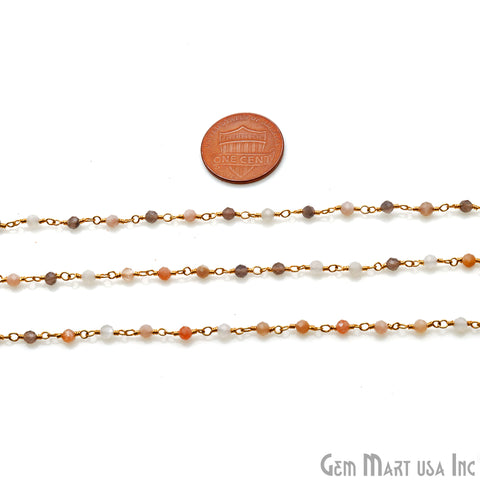 Multi Moonstone 3-3.5mm Gold Wire Wrapped Rosary Chain - GemMartUSA