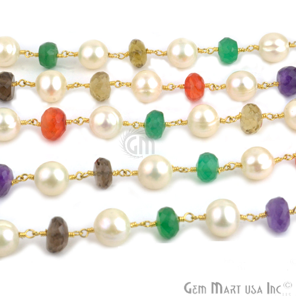 Multi Stone 7-9mm Rondelle Beads Gold Plated Wire Wrapped Rosary Chain - GemMartUSA (764061712431)