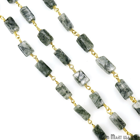 Black Rutilated Beads 8x5mm Gold Plated Wire Wrapped Beaded Rosary Chain
