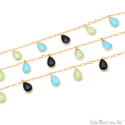 Sky Blue, Black Onyx & Green Chalcedony Pears Bezel Connector Dangle Rosary Chain