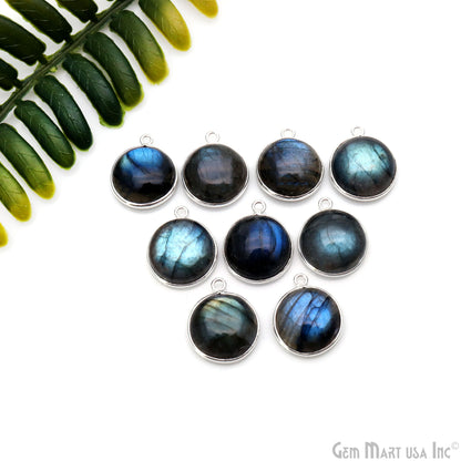 Flashy Labradorite Cabochon 15mm Round Single Bail Silver Plated Gemstone Connector