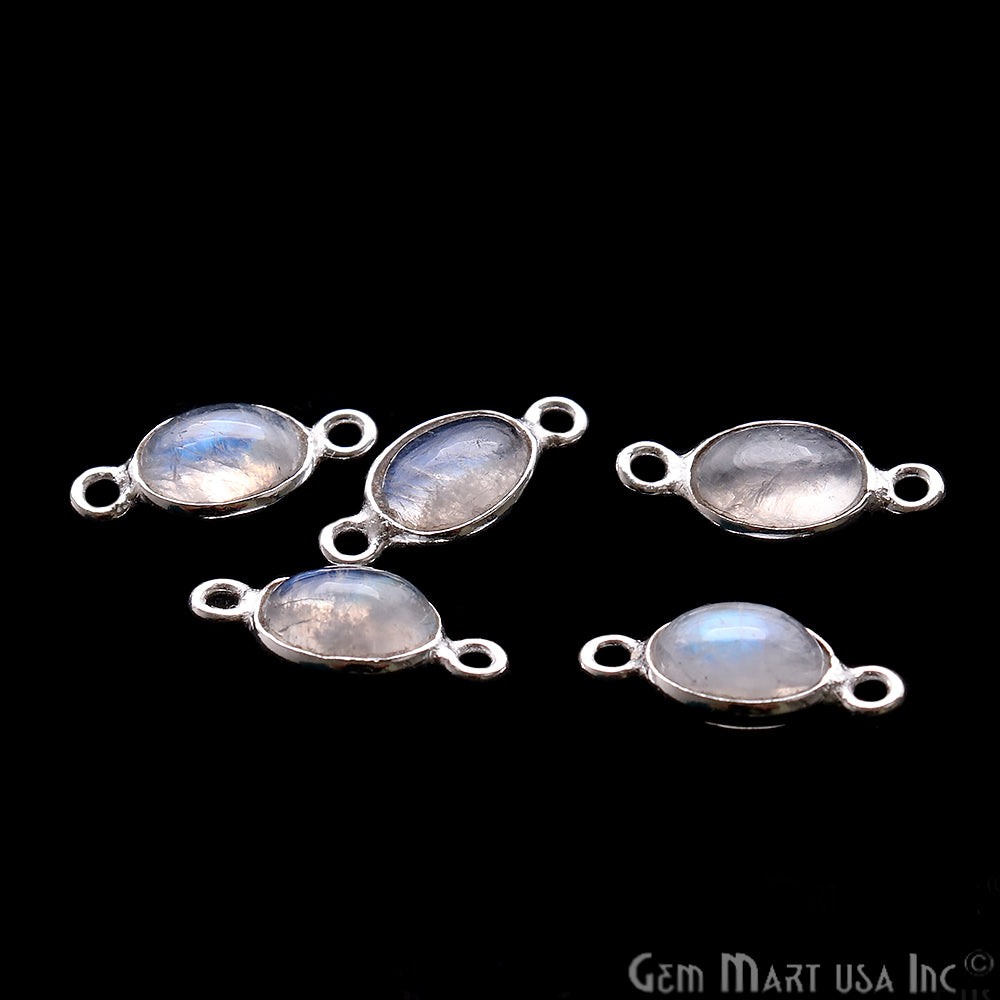 Rainbow Moonstone Cabochon 6x8mm Oval Silver Plated Double Bail Gemstone Connector - GemMartUSA