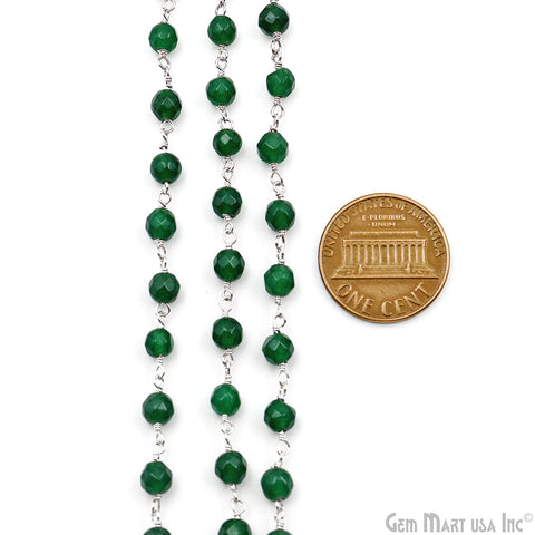 Green Jade Faceted Round 4mm Beads Silver Plated Wire Wrapped Rosary Chain