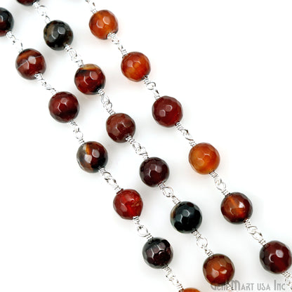 Dark Carnelian jade Faceted Beads 8mm Silver Wire Wrapped Rosary Chain