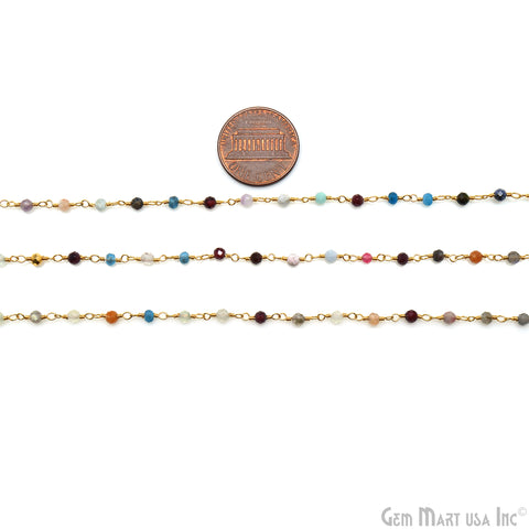 Multi Stone 2.5-3mm Gold Plated Wire Wrapped Beads Rosary Chain (764025700399)