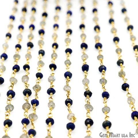 Lapis & Labradorite 3-3.5mm Gold Plated Faceted Beads Wire Wrapped Rosary Chain