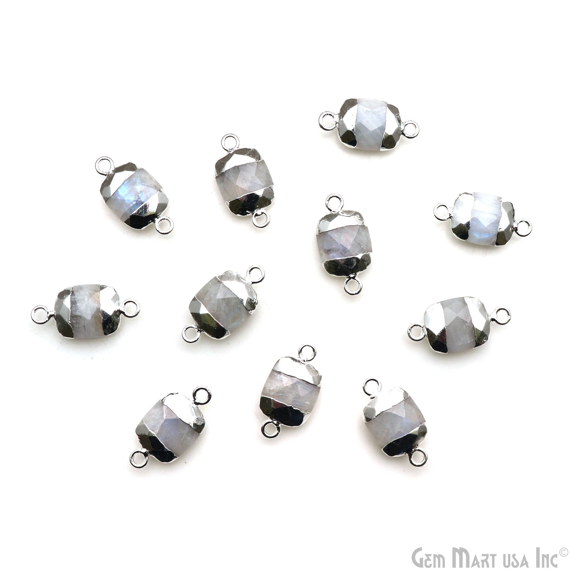 Rainbow Moonstone Octagon 9x11mm Silver Electroplated Double Bail Gemstone Connector