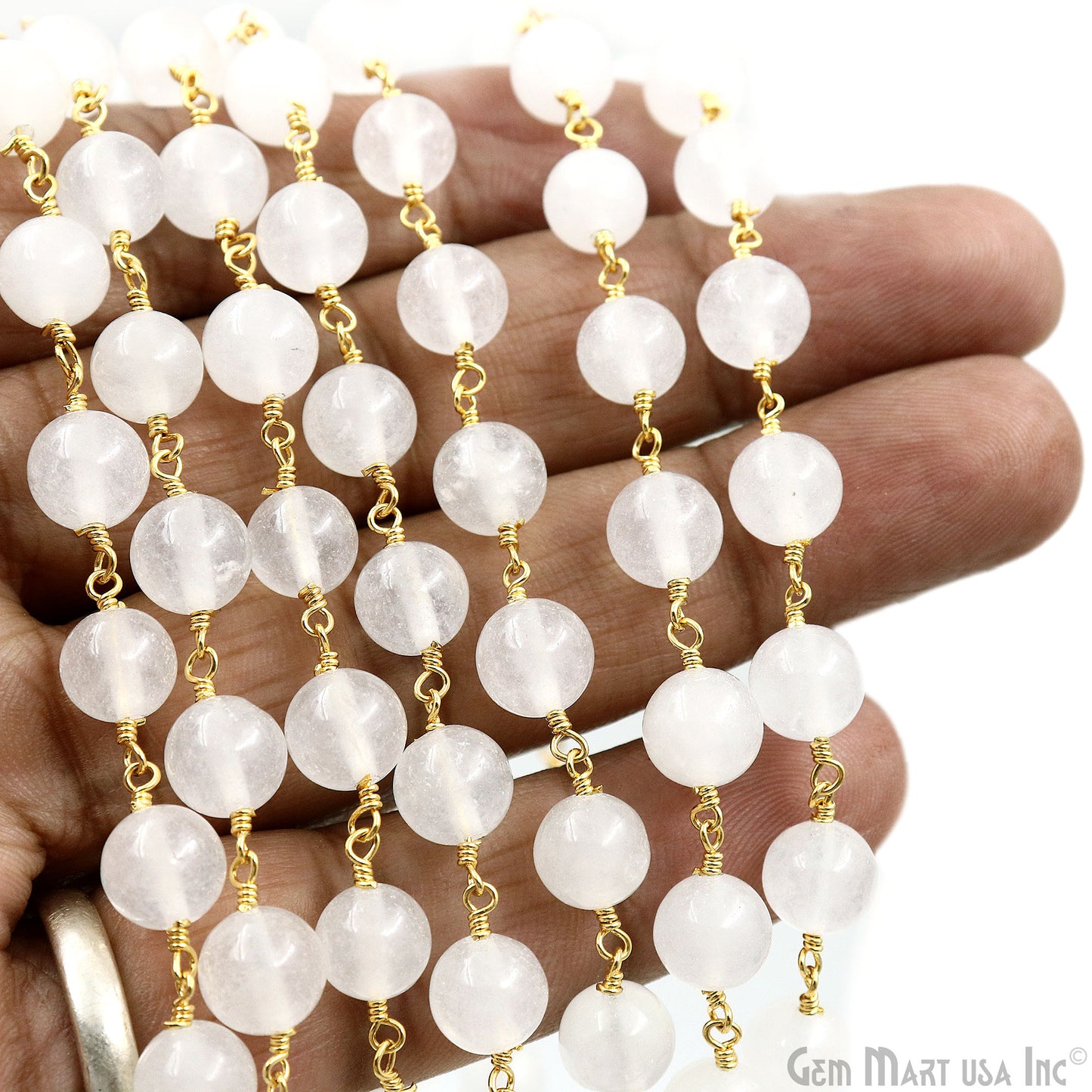 White Jade Faceted Beads 8mm Gold Plated Wire Wrapped Rosary Chain