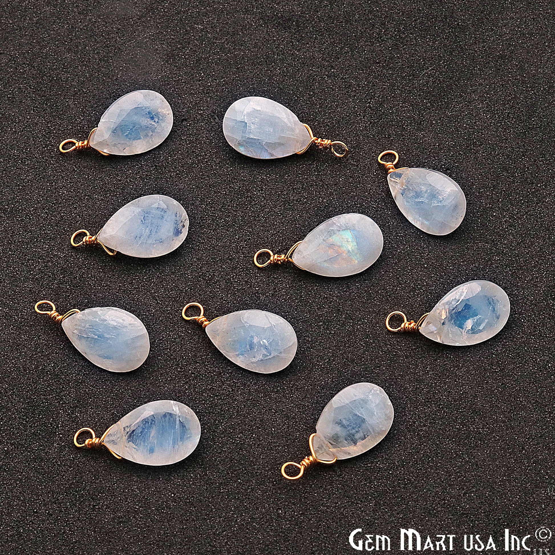 Rainbow Moonstone 8x12mm Pears Single Bail Gold Wire Wrapped Gemstone Connector - GemMartUSA