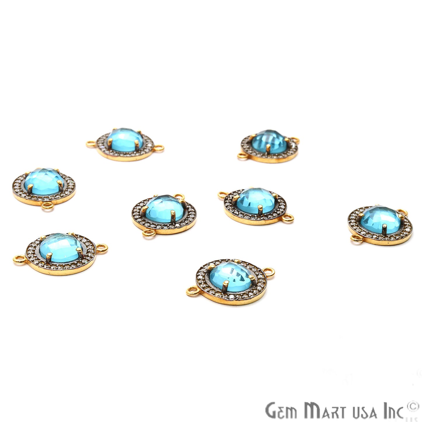 Blue Topaz Round 10mm Black Pave Double Bail Gemstone Connector - GemMartUSA
