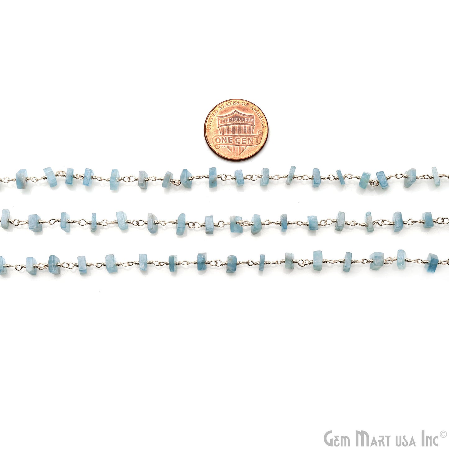 Aquamarine Square Beads 4-5mm Silver Wire Wrapped Rosary Chain