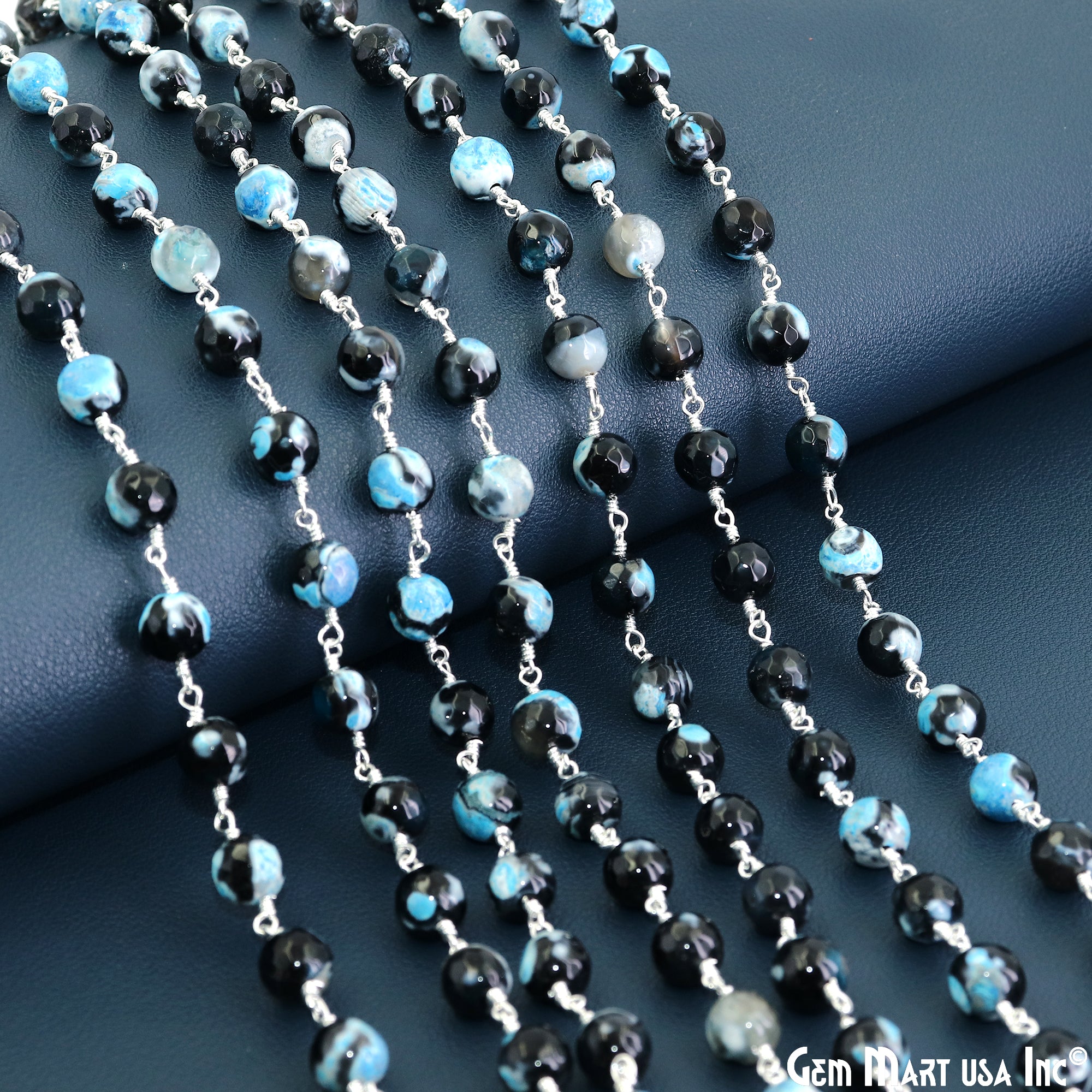 Shaded Turquoise jade Faceted Beads 8mm Silver Wire Wrapped Rosary Chain