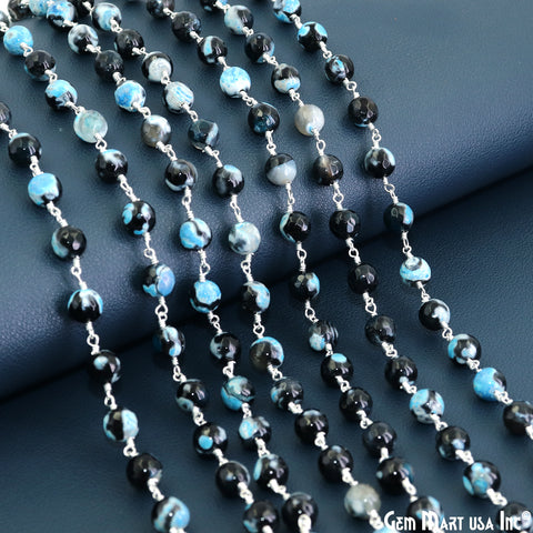 Shaded Turquoise jade Faceted Beads 8mm Silver Wire Wrapped Rosary Chain