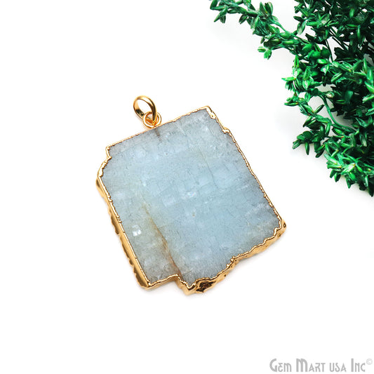 Aquamarine Free Form shape 46x39mm Gold Electroplated Gemstone Single Bail Pendant